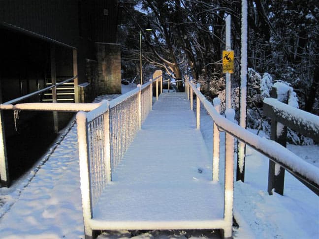 The snow settling on the walkways. Image:: Thredbo