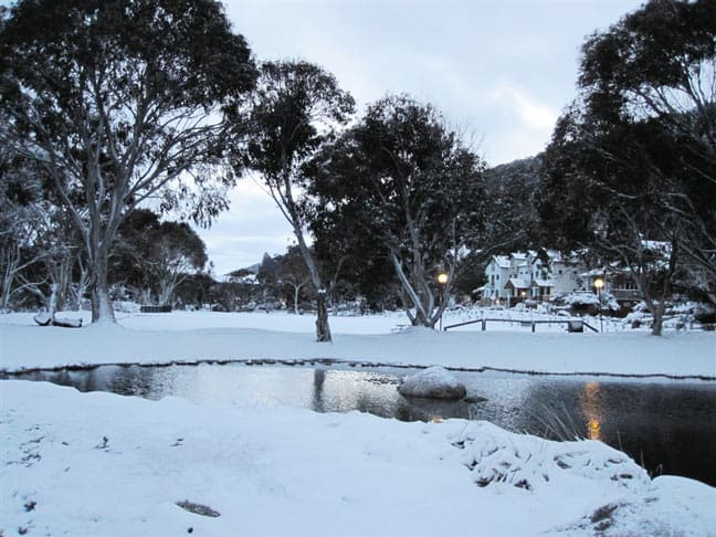 Snow on the Village Green in Thredbo. Image:: Thredbo