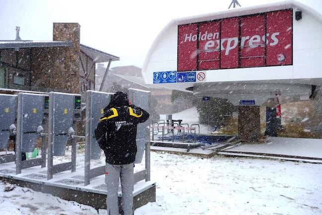 The new ticketing gates at Buller getting their first taste of snow. Image:: Mt Buller