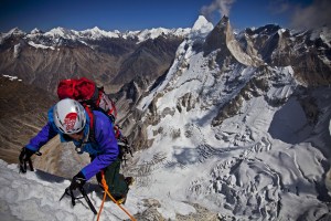 Conrad Anker geared up and climbing out near the team's highest portaledge camp at over 20,000ft.