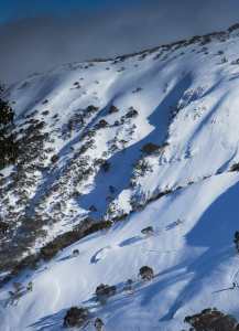 Drew ripping another big turn lower down Avy Gully, you can see exposed icy blowouts above the Drift Cliffs in the upper  background, smokey heaven in the lower foreground. Not a good day to drop the cliffs. A great day to drop Avy.