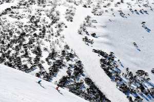 Spring is all about the groomers early and off piste once it softens. All you need are the right skis. Hotham, Sept 18. Photo: Chris Hocking.