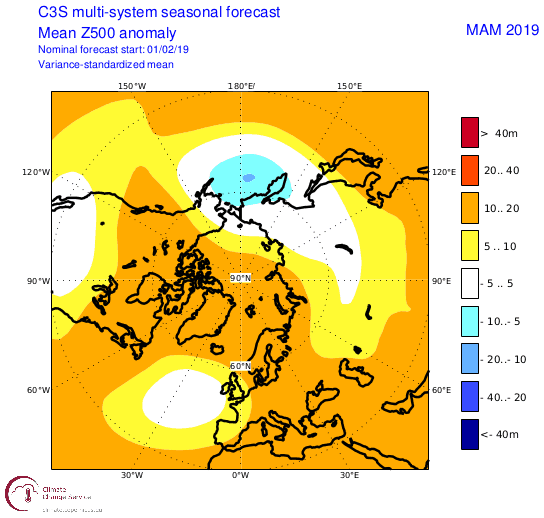 C3S climate model of the Northern Hemisphere for February 2019