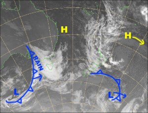 Unfortunately the cold front isn't so cold, and we're in for a grotty day. Source: NZ Met Service (Vandalised by the Grasshopper)