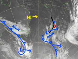 Conditions will deteriorate later today as that not-so-cold front hits. Source: NZ Metservice (vandalised by the Grasshopper)