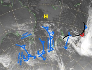 Not much happening in the way of synoptic features over the Aussie Alps, as they’re all hanging out down south. Source:: NZ Metservice (vandalised by the Grasshopper)