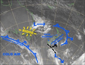 A strong, cold SW flow lies over the country today. Source:: NZ Metservice (vandalised by the Grasshopper)