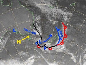 Ruapehu is getting wet as the not-so-cold front passes over this morning. The low to the SW will slide north of the west coast tomorrow, then dump snow onto Ruapehu Sunday. Source: NZ Metservice (vandalised by the Grasshopper)
