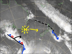 High pressure and sunshine is lined up for this working week. Source: NZ Metservice (vandalised by the Grasshopper)
