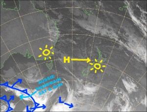 The week of sunshine continues as the high in the Tasman Sea drifts towards us. Source: NZ Metservice (vandalised by the Grasshopper)