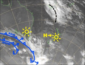 Another day of sweet sunshine as that plump high moves onto the country. Source: NZ Metservice (vandalised by the Grasshopper)