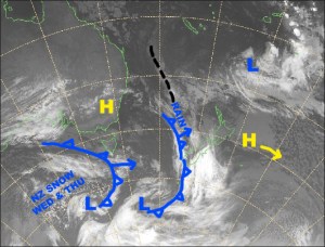The big bully of a high to the north pushes that poor cold front too far south and we miss out on it’s snowfalls. Source: NZ Metservice (vandalised by the Grasshopper)