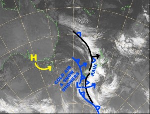 The front sitting on the South Island has almost finished its evil deeds there, but will go on to repeat them on Ruapehu later today. The front just to the west is much colder and will bring a sprinkling of the blessed white stuff to the Southern Lakes. Source: NZ Metservice (vandalised by the Grasshopper)
