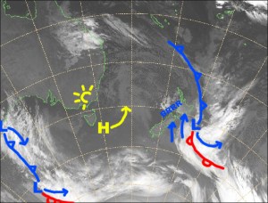 The low to the east will chuck some more snow at Ruapehu today and maintain a strong, cold southerly. Source:: NZ Metservice (vandalised by the Grasshopper)
