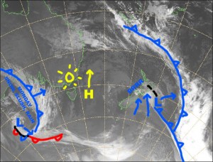 A nice sunny weekend ahead as the high sidles up the Tasman and a grotty looking front approaches from the west. Source:: NZ Metservice (vandalised by the Grasshopper)
