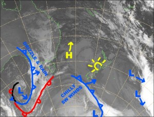 Calm and settled at dawn, but strong, chilly SW winds will develop as that cold front to the south brushes past the country. Source: NZ Metservice (vandalised by the Grasshopper)