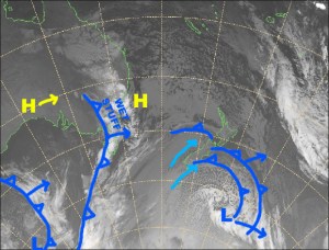 Hit the snooze button, it’s a drizzly, rainy sort of a day as a front passes over. Source:: NZ Metservice (vandalised by the Grasshopper)