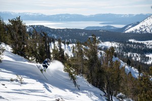 Matt Reardon, a fun line inMt Rose as Lake Tahoe shimmers to the west. Photo: Tony Harrington