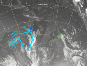 Current satellite image showing the two cold fronts. Source: NZ Metservice (vandalised by the Grasshopper)