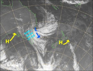 A big happy high today, then that wretched low will bring strong, wet and warm northerlies from Wednesday. Source: NZ Metservice (Vandalised by the Grasshopper)