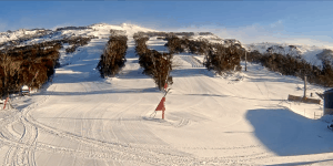 Thredbo this morning, clear and cold with a brisk WSW wind.