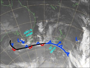 The cold front won’t do much for the Southern Lakes, but will dust up Canterbury with 5-10cm. Beautiful, clear winter days will follow, with a tonne of snowmaking to be done. Source: NZ MetService (Vandalised by the Grasshopper)