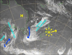We’re sandwiched between two lows that will join forces over the next couple of days, forming a super-duper low that will deliver us the powder we’ve waited so long for. Source: Metservice.com (vandalised by the Grasshopper)