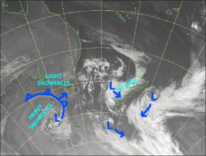 The monstrous, complex low-pressure system to our south may end up being the snowstorm of the season. Source: Metservice.com (vandalised by the Grasshopper)