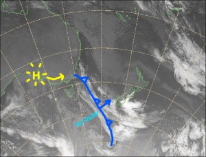 A high cruising across the Aussie Alps will bring fine weather today and tomorrow, before warm NW winds start howling as a front approaches. The front will bring mostly rain as it slumps to the south. Source: Metservice.com (vandalised by the Grasshopper)