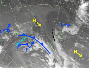 Mild northerlies continue through Thursday, but that low near Tasmania will turn things 180° on Friday. Source: NZ Metservice (Vandalised by the Grasshopper)