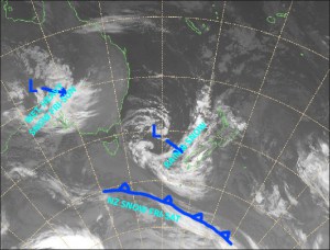 Mild northerlies are almost over folks. Once that low in the Tasman Sea passes over country, we’ll flip into a much colder airflow, with little bit of snow on Friday night. Source: NZ Metservice (Vandalised by the Grasshopper)