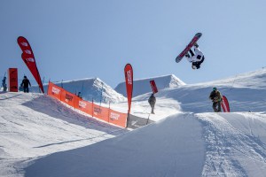 Tiarn Collins in Cardrona park on Monday. Tiger has been a lot of fine weather in NZ this year, great for parks and the groomers, but a shortage of powder days over the past few weeks. Photo: Camilla Rutherford / Winter Games NZ