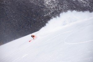 Adam Kroenert, driving the camp on a wind-blown day in Thredbo last month. Photo: Jimmy Williams/Thredbo
