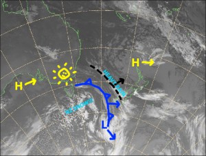 The cold front about to cross the South Island will see good snowfalls to low levels later today through until early Wednesday. Source: NZ MetService (Vandalised by the Grasshopper)