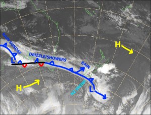 Wind and mixed precip will make way for high quality, fluffy powder later today as a cold front sweeps up the South Island. Source: NZ MetService (Vandalised by the Grasshopper)