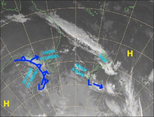 Light flurries today before that cold front & low to the west dump 20-30cm over Aussie resorts Friday and Saturday. Source: Metservice.com (vandalised by the Grasshopper)