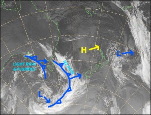 Strong, damp northwesterlies today as the first of many weak cold fronts approach from the west. Source: Metservice.com (vandalised by the Grasshopper)