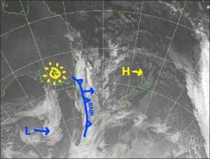 It’ll be fine, but breezy over the next few days as high pressure slides by the north. A slow moving front will bring rain on Monday. Source: Metservice.com (vandalised by the Grasshopper)