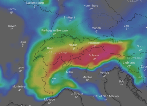 The 5-day forecast for new snow. The red/pink indicates 2+metres. Source: Windy.com