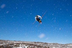 Cameron Waddell, Australian slopestyle team skier, flying high in Perisher. Photo: Jimmy Williams