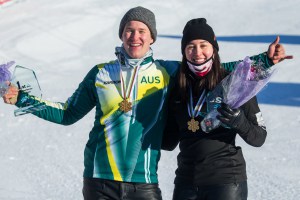 Jarryd Hughes and Belle Brockhoff celebrating whir World Championship win in the mixed teams even. Photo: GEPA/@fissnowboard
