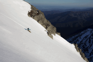 The North Face athlete Michaela Davis-Meehan, slicing a clean face somewhere beyond Mt Kosciuszko. Photo> Mark Clinton/The North Face