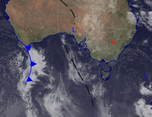 The low that was responsible for the wild weather experienced by the southeast of the country has moved offshore into the Tasman. Looking ahead we can see the front over southern WA expected to hit the alps Wednesday. Source: Bureau of Meteorology (vandalised by the Grasshopper).