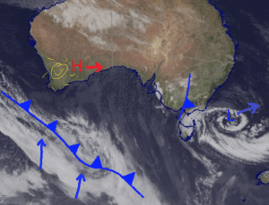 Flurries over the southeast Friday and Saturday, but the High pressure in WA moves over and takes control Sunday bringing a Sunny start to next week. Source: Bureau of Meteorology (vandalized by the Grasshopper