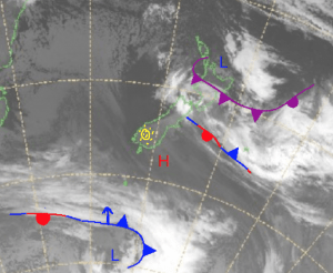 The high pressure sits just off the southeast of the country giving some sun to southern parts while a low over the north is causing some weather over the north. Source: Metservice (vandalised by the Grasshopper)
