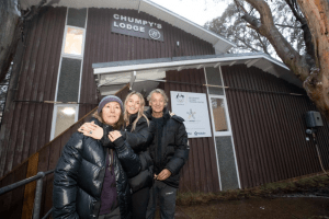 Chumpys' parents Sally and Chris Pullin with Chumpy's partner Ellidy Vlug outside 