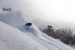 Richie Carroll, fun in the freshies int Thredbo last weekend when the  storm gave us a taste of what winter can deliver.Just need negative IOD for more of this. Photo: Boen Ferguson