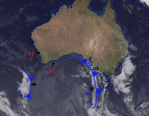 Today’s synoptic situation with the cold front approaching from the west. This cold front and the associated Low pressure to the south is bringing the cold snowy conditions predicted for the weekend. Source: Bureau of Meteorology (vandalised by the Grasshopper)