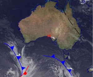 The synoptic today is a little boring with the high pressure pictured over South Australia having a firm hold on conditions. Two fronts below us will be pushed along south of the country as a result of this high. Source: Bureau of Meteorology (vandalised by the Grasshopper).