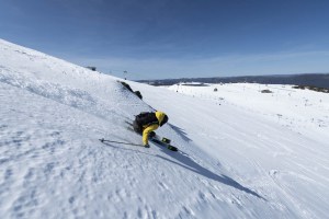 Hannes Grimus enjoying his essential exercise in the spring snow in Buller late last week. Photo: Tony Harrington